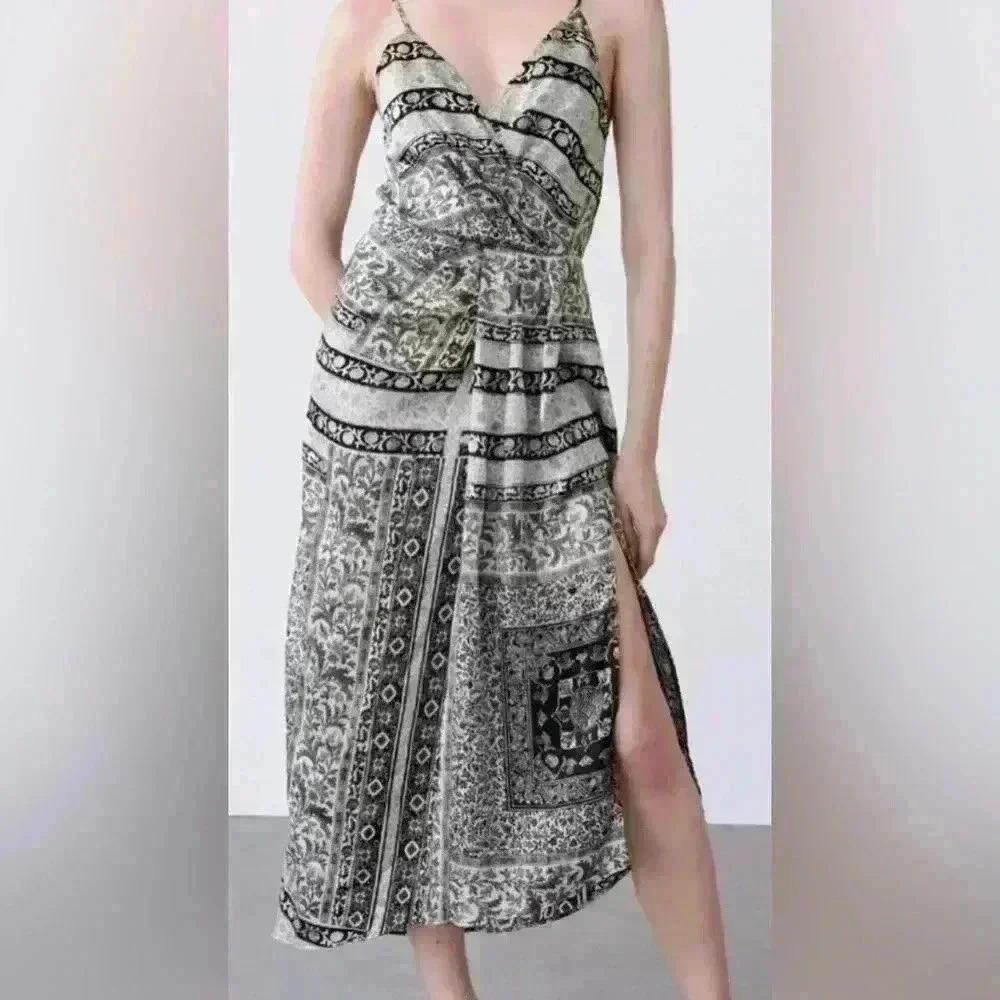Zara Printed Black And White Slip Midi Dress Size XS